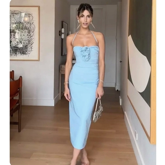 Zara FLOWERS STRAPLESS MIDI DRESS SIZE L XL BLUE - Picture 4 of 16